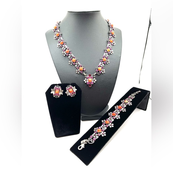 Mary DeMarco Necklace Bracelet Earrings Set Pink Silver Pewter Floral Butterfly - Picture 2 of 16